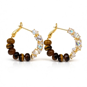 Bohemian large hoop earrings with tiger eye beads and iridescent crystals on gold frame