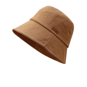 Brown faux suede bucket hat for women with retro leather patch and sun protection style