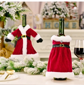 Christmas wine bottle covers featuring plush Santa coat and red skirt for holiday table decor