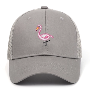 Graue 6-Panel-Mesh-Baseballkappe mit pinkfarbener Flamingo-Stickerei für den Sonnenschutz