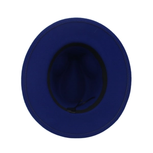Top view of dark blue wide brim felt hat showing inner lining and adjustable strap