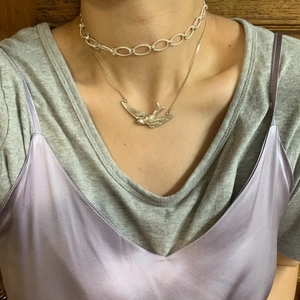925 silver layered necklace set with swallow bird pendant and chunky oval link chain