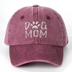 Vintage washed burgundy cotton baseball cap with DOG MOM embroidery and paw print