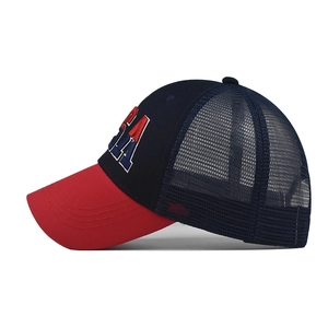 Classic USA embroidered baseball cap with red brim, blue crown and mesh back design