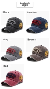 Group shot of distressed cotton baseball caps in black, navy, grey, brown and red