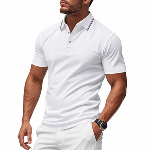 Detail of white slim fit polo shirt featuring red and blue striped collar design