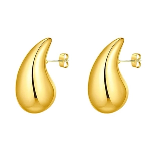 Detailed close-up of polished 18K gold plated teardrop stud earrings with butterfly backs