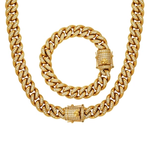 18k gold plated titanium steel cuban link necklace and bracelet set with white crystals