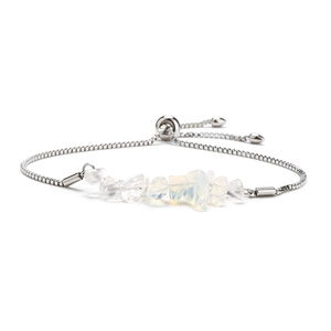 Detail of adjustable silver box chain bracelet with natural white crystal stones