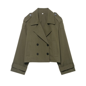 Army green double-breasted short trench coat with long sleeves and epaulets design
