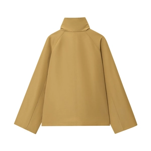 Back view of minimalist khaki short windbreaker jacket with high collar and raglan sleeves