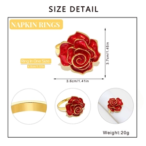 Size detail of red rose napkin ring with dimensions and weight info for wedding decor