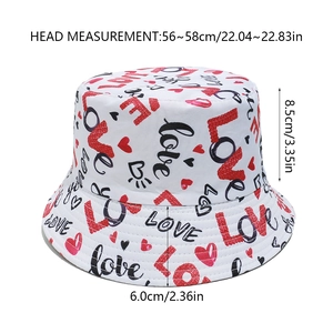 Tableau des tailles détaillé du chapeau bob blanc avec motif LOVE et cœurs rouges