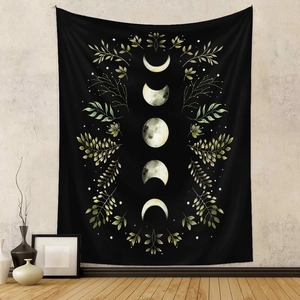 Bohemian black moon phase tapestry with green leaves for home wall decoration