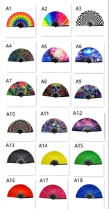 Macro view of 18 colorful folding fan designs with fabric surfaces and black frames