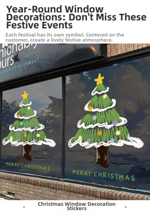 Detail of hand-drawn green Christmas tree window stickers with Merry Christmas text