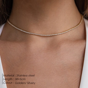 Close-up of elegant stainless steel tennis necklace with round zircon on a model's neck