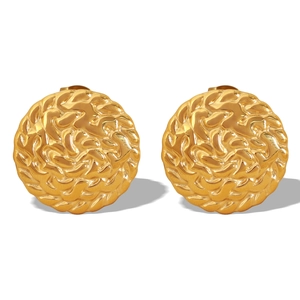 French retro round relief earrings in 18k gold-plated titanium steel with spiral texture