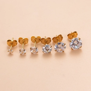 Stud Earrings Stainless Steel Round Cubic Zirconia Four Prong Cartilage Piercing Fashion Minimalist Women