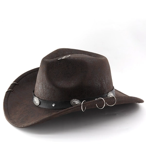 Detail of vintage brown cowboy hat with silver conchos and metallic ring brim accents