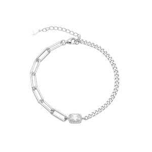 Detail of S925 sterling silver bracelet with square zircon and mixed link chain design