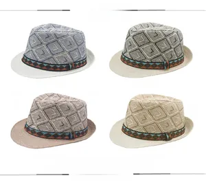 Detailed grid view showing navy, black, brown, and off-white woven straw fedora hats