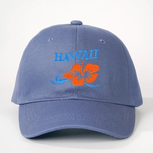 Blue Hawaii floral baseball cap with orange hibiscus embroidery and curved brim