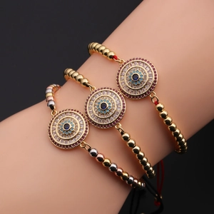 Evil Eye Bracelet Copper Micro Pave Cubic Zirconia Adjustable Weave Rope Turkish Style Jewelry For Women