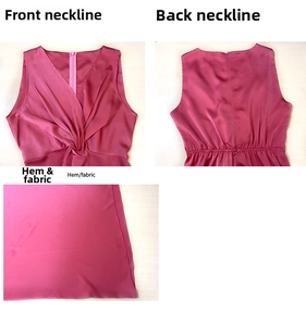 Detail view of V-neck twist knot design and hidden zipper on magenta satin dress
