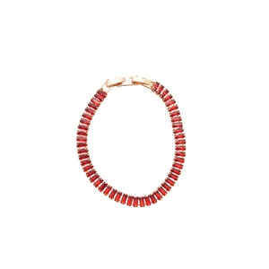 Elegant 18k gold tennis bracelet featuring rectangular ruby stones and diamond accents