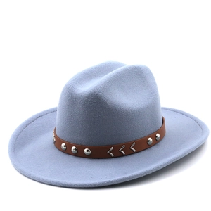 Wool felt fedora hat in light blue-grey with brown leather band and silver metal buckle