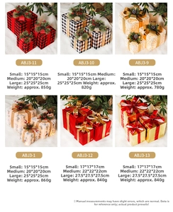 Detailed comparison of six Christmas gift box sets with pine cones and LED lights in 3 sizes