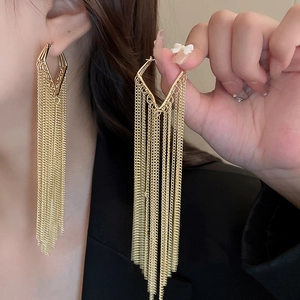 Chic gold metallic long chain tassel drop earrings with geometric diamond hollow design