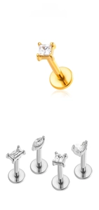 Detail of CZ geometric stud piercings in various cuts and metallic finishes