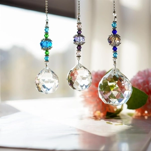 Set of 3 crystal prism suncatchers with colorful beads and hanging chains for windows