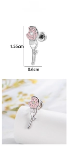Detailed size view of silver cartilage stud with pink donut and fork pendant design