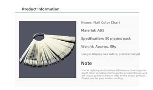 Detailed view of 50-piece fan-shaped nail color swatches for polish display and practice