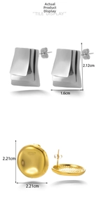 Detail showing geometric titanium steel earring dimensions in silver and gold