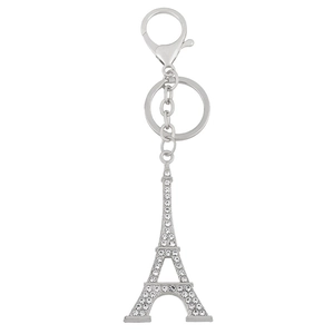 Porte-clés Tour Eiffel argenté orné de strass avec mousqueton métallique chic
