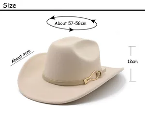 Size chart showing 57-58cm circumference and 8cm brim width for beige wool cowboy hat