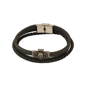 Bracelet multicouche en cuir noir pour homme avec pendentif tête de mort et croix argent