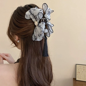 Vintage Chinese style hair claw with ink wash bamboo bow and golden rose flower tassel