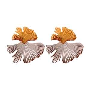 Minimalist ginkgo leaf stainless steel earrings with two-tone gold and silver finish