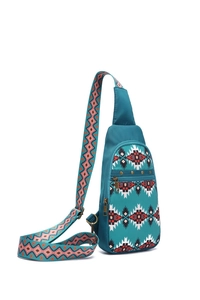 Detail view of Aztec crossbody bag with geometric patterns and adjustable strap