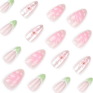 French green gradient press-on nails with 3D floral bows and pearl almond finish