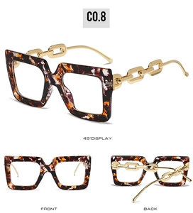 Three-view display of square tortoiseshell glasses frame with golden chain temples