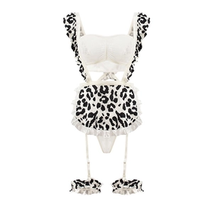 Sexy cow print lingerie set with ruffled top and garter belts on white background