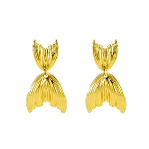 Polished 18K gold-plated fish tail drop earrings in stainless steel on white background