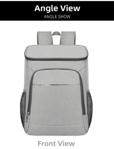 Front detail of grey outdoor insulated backpack with reflective strip and side mesh pockets
