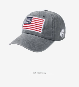 Detail of grey washed cotton baseball cap with American flag and USA embroidery